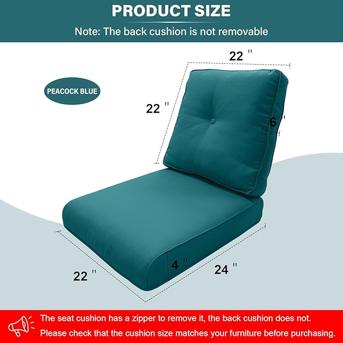Outdoor Chair Cushions 8 Sets - 22 * 24" Patio Furniture Cushion with Removable Cover, 28D High Density Sponge Filling Outdoor Patio Cushion for Chair, Rocker, Sofa and Loveseat - Turquoise