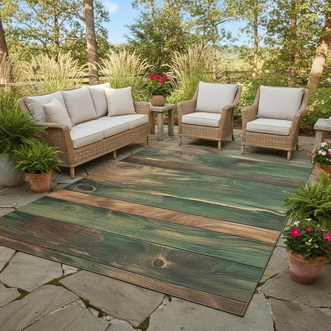 Green Brown Old Wooden Board Print Outdoor Area Rug for Patio Deck Balcony Backyard Porch Garden Durable Farmhouse Rugs 5x7 Natural Wood Grain Outdoor Carpet Anti Slip Waterproof Picnic Camping Mat