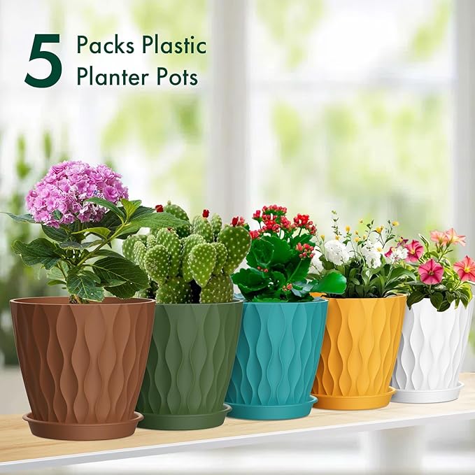 4 inch Small Plastic Nursery Pots, Seedling Pots, 5 Set Water Ripples Plant Pots for Indoor Plants, Flower Pots with Drainage Holes and Saucers, Seed Starter Pots for Succulent, Colorful