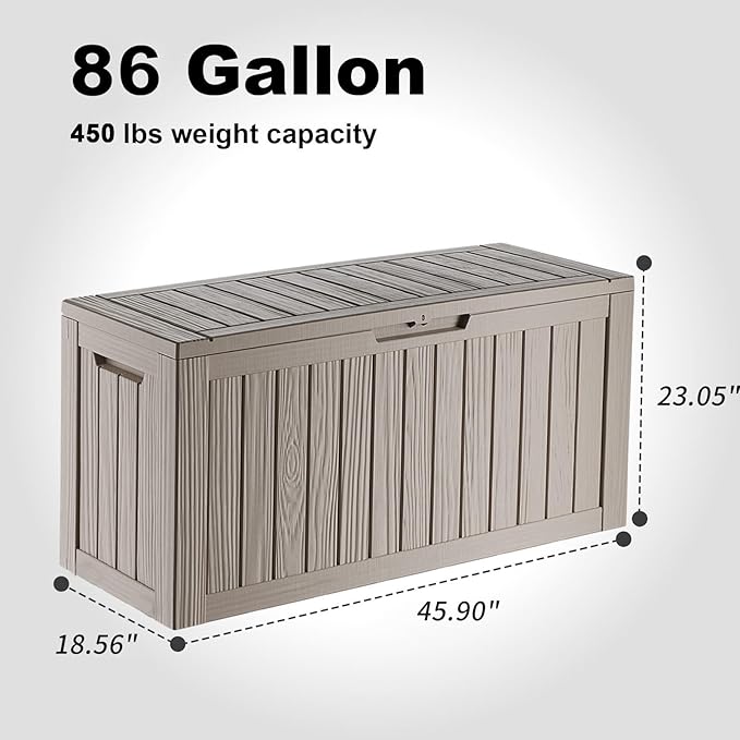 86 Gallon Outdoor Deck Box, Lockable Waterproof Outdoor Storage Boxes For Garden Tools,Indoor Cushions,Accessories Outside Storage Resin Weatherproof Container(Grey)