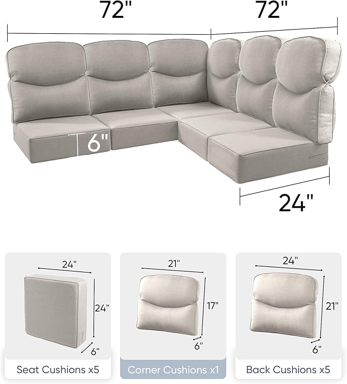 Luxury 24x24x6 Outdoor Cushions for 5-Seat Sectional Sofa Set of 5 - Water-Repellent 11-Piece Patio Cushion for Outside Rattan Wicker Loveseat Chair L-Shape Couch - Beige/Smile