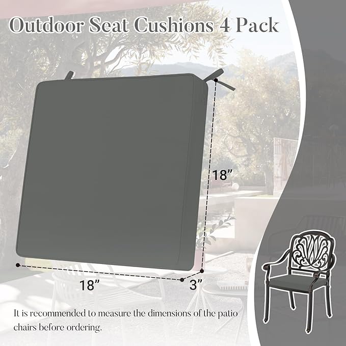 Basic Beyond Outdoor Chair Cushions for Patio Furniture, Waterproof Outdoor Seat Cushions Set of 4 18 x 18, Patio Chair Cushions Set of 4 with Ties and Handle, Dark Grey