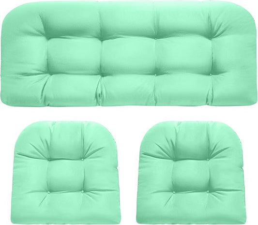 Wicker Chair Cushions, Waterproof Outdoor Loveseat Cushions for Patio Furniture, Tufted Wicker Furniture Cushions, 1 Loveseat and 2 U-Shaped Cushions, Cyan