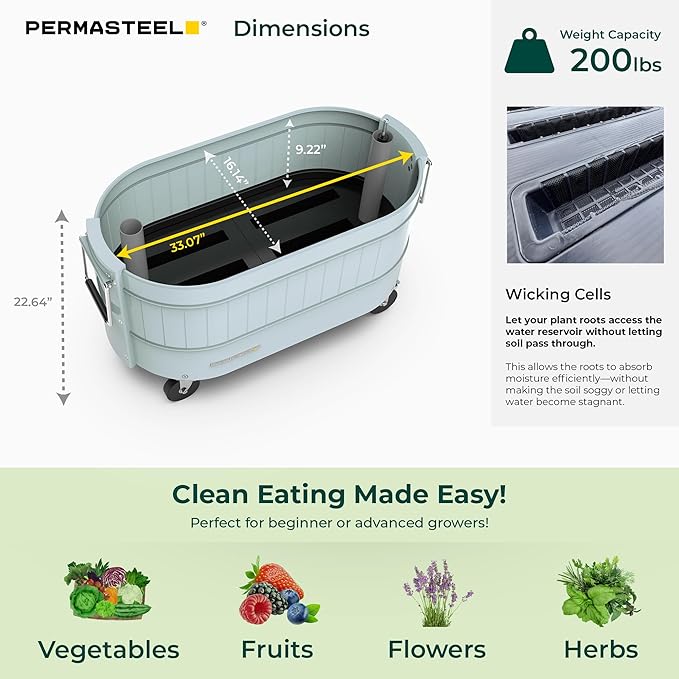 Permasteel Self-Watering Garden Bed, Rolling Planter for Vegetables, Flowers, Herbs, and Fruit, Outdoor Indoor, Caster Wheels, Blue