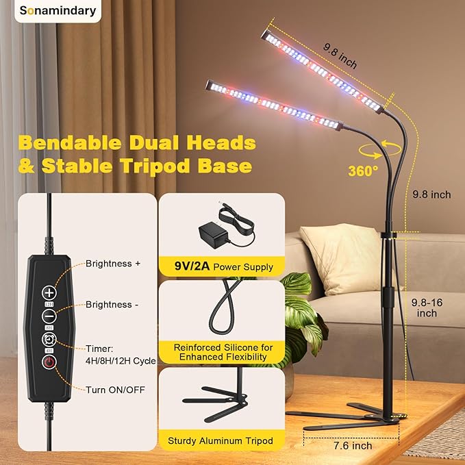 Grow Lights for Indoor Plants, 9V 5700K 120LEDs Full Spectrum Plant Lights for Indoor Growing, Height Adjustable 9.8-35'' with Stable 360° Flexible Arm, Auto 4/8/12H Timer, 5 Brightness Levels
