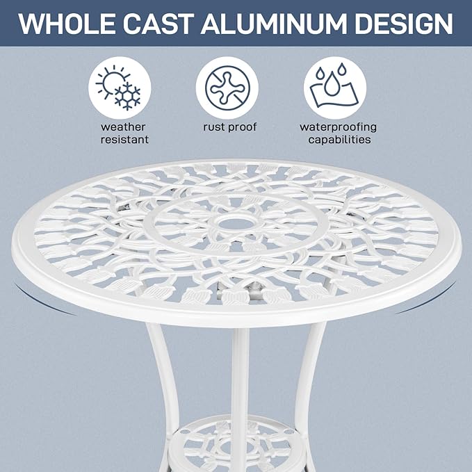 Outvita Patio Table and Chairs Set, Cast Aluminum Outdoor Cafe Table and Chairs Set of 3, Stability Patio Bistro Sets with Umbrella Hole for Garden, Patio, Balcony, Tulip Pattern White