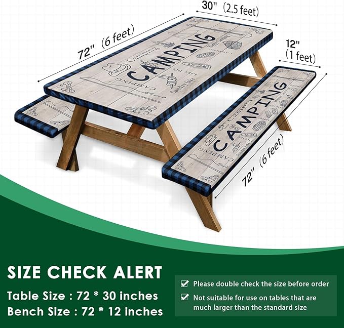 Picnic Table Cover with Bench Covers Elastic Edges, Beige Camper Fitted Table Cover, Outdoor Patio Camping Essentials 72 Inch 3PCS, Waterproof Camping Fitted Tablecloth with Drawstring Bag