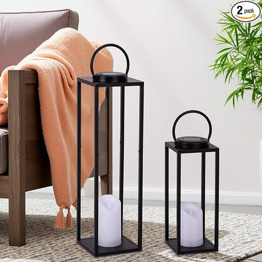 Large Solar Outdoor Lanterns, 25" 16" Tall Farmhouse Black Metal Waterproof Decorative Lanterns with Solar Candles for Front Porch, Patio, Christmas, Fall Decor- Set of 2