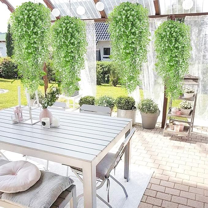 RECUTMS Faux Vines Hanging Flowers Artificial Hanging Plants 4Pcs Fake Hanging Fern Vines Greenery for Spring Indoor Outdoor Garden Party Wedding Patio Wall Valentines Day Decoration(White)