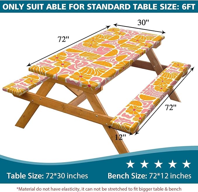 Picnic Table Covers with Bench Covers Boho Patchwork Orange Pink Flower Pattern Camping Tablecloth Fitted Picnic Table Cover with Elastic Windproof Waterproof, Camping Accessories Outdoor, 72In 3PCS