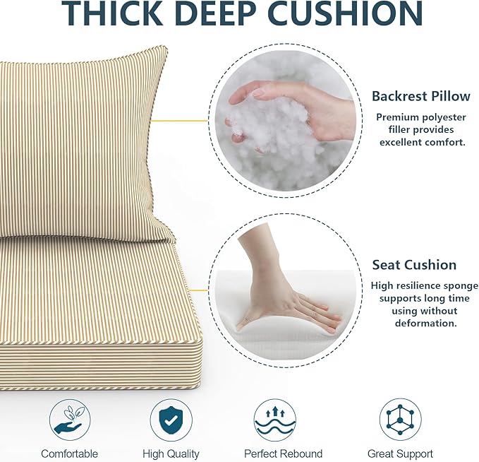 Outdoor Deep Seat Cushion Set, Water Repellent 24"x24" Patio Thick Cushions Replacement with Seat & Back Pillow for Patio Sofa, Wicker Chair, Couch - Stripe Beige