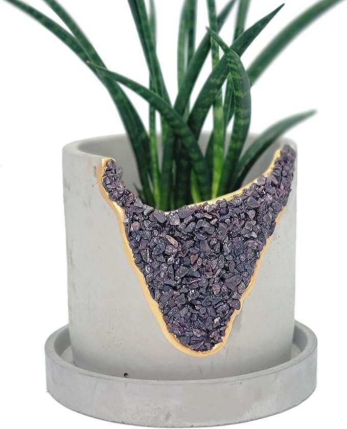 4 Inch Crystal Plant Pot with Saucer - Cement Geode Planter - Concrete Pots for Plants - Modern Succulent Pot Indoor - Unique Air Plant Holder - Candle Holder - Small Plant Home Decor (Red Garnet)