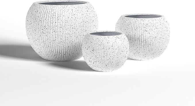 DTY Mount Sherman 12.6" D x 10'' H (Pot Opening 8.5") Fiberstone Round Planter with Drainage Hole, Smooth Finishes, Weather Resistant for Indoor and Outdoor, 2 Extra Coco Mats - White Ribbed,Small