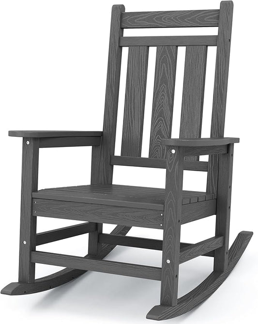 KINGYES Oversized Outdoor Rocking Chair, All-Weather Patio Rocking Chairs for Porch, HDPE Outdoor Patio Rockers with High Back & Wide Seat for Garden, Lawn, Gray