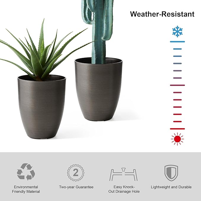 Glitzhome 16.75" H Large Planters for Outdoor Plants, Set of 2 Black Tall Planter with Drainage Holes, Large Flower Pots for Front Porch, Patio, Deck, Faux Brushed Steel Texture Finish