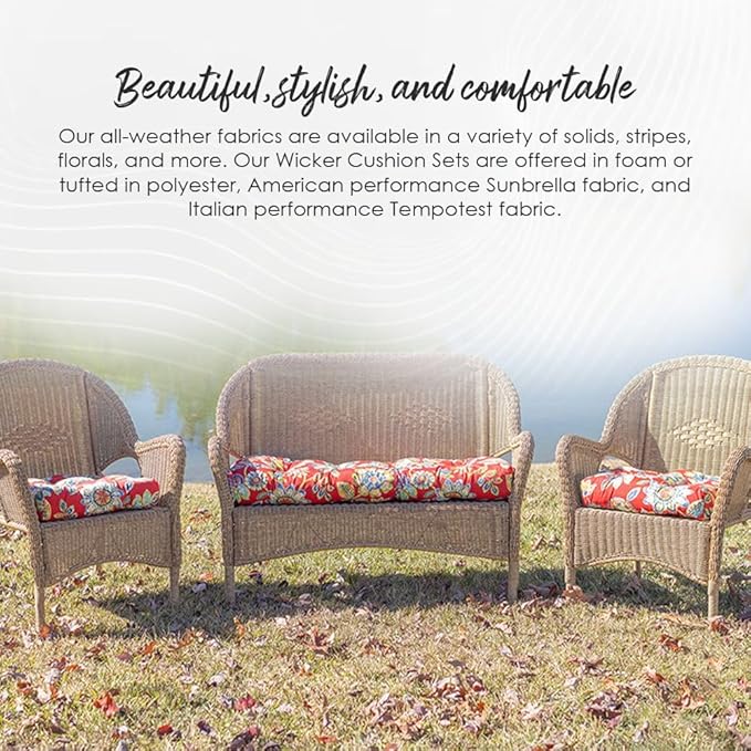 RSH DECOR: 3-Piece Wicker Tufted Cushion Set | 41” x 19" & 19" x 19" | All-Weather Spun Fabric | Water Resistant | Outdoor Loveseat & U-Shape Cushions for Patio Furniture | Black Buffalo Plaid