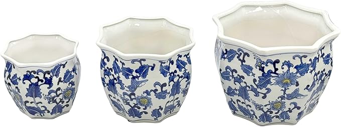 Galt International Blue & White w/Yellow Accent Round Fluted Floral Porcelain Ceramic Plant Flower Planter Pot Set of 3 (7.5", 10", 13") Garden Pots Chinese Asian Design