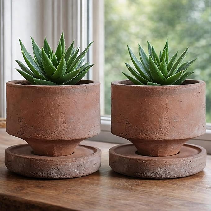Yungyan 2 Set 6 Inch Rustic Terracotta Plant Pot with Drainage Saucer Vintage Breathable Clay Planter Farmhouse Flower Pot with Distressed Finish for Flowers Succulent Cactus Modern Home Garden Decor