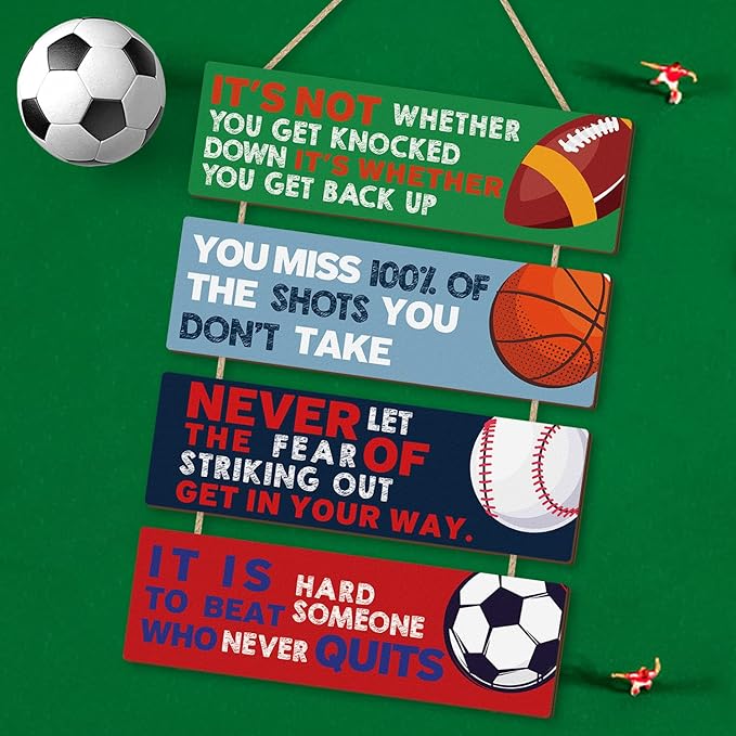 HLNIUC Sport Themed Wall Decor,Football Wood Sign(3.5"x12"),Inspirational Never Give Up Wooden Sign,Basketball Wood Hanging Wall Art For Boys Kids Room Playroom Nursery Decor(Modern style)