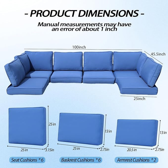 Patio Furniture Cushions,14Pieces Water-Resistant Outdoor Replacement Cushions,Sectional Sofa Cushions for Fits 6-Seats Rattan Wicker Patio Conversation Sets(Blue)