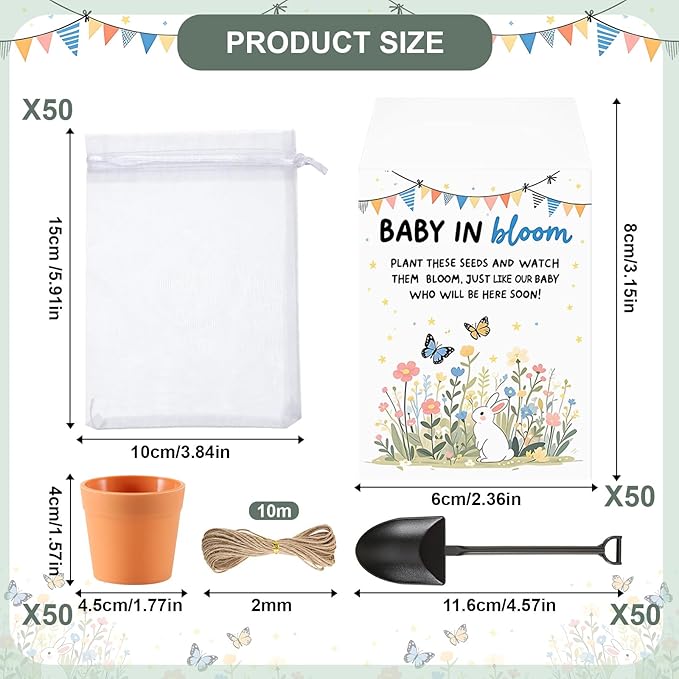 200 PCS Baby Shower Party Favor for Guests Include 50 Flower Seed Packets 50 Pots 50 Organza Bags 50 Garden Shovel for Baby Shower Birthday Party Favor, No Seeds