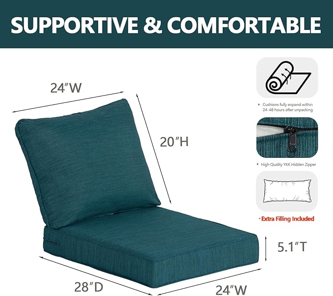 Goodgoods 24 x 28 Outdoor Patio Deep Seat Cushions 2-Pack, 1000+ Hours Fade-Resistant & Water-Resistant Outdoor Furniture Chair Cushions with 30D High-Resilience Foam for Sofa Chair, Malachite