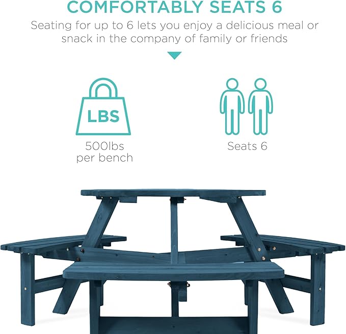 Best Choice Products 6-Person Circular Outdoor Wooden Picnic Table for Patio, Backyard, Garden, DIY w/ 3 Built-in Benches, 500lb Capacity - Harbor Blue