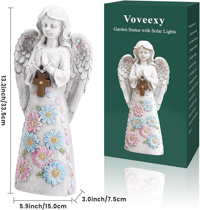 Angel Garden Statue Outdoor Figurine, Solar Powered Garden Sculpture with 6 LEDs Resin Praying Angel Decor for Patio Lawn Yard Porch Decoration Christmas Birthday Housewarming Present 13.2” H