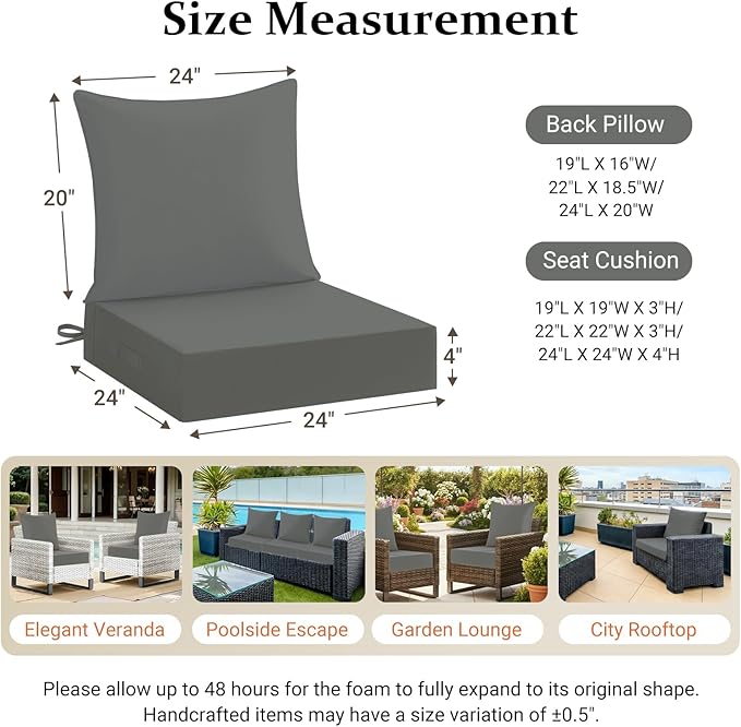 downluxe 24x24 Outdoor Chair Cushions, Waterproof Fade Resistant Patio Furniture Cushions with Handle & Removable Cover, Deep Seat Outdoor Cushions for Sofa, Couch and Patio Chairs, Dark Grey