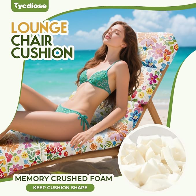 All Weather Chaise Lounge Cushions Outdoor Lounge Chair Cushion, Waterproof Memory Foam Chaise Lounger Chair Cushion for Outdoor Patio Furniture with Non-Slip Back and Ties, Colorful Daisy