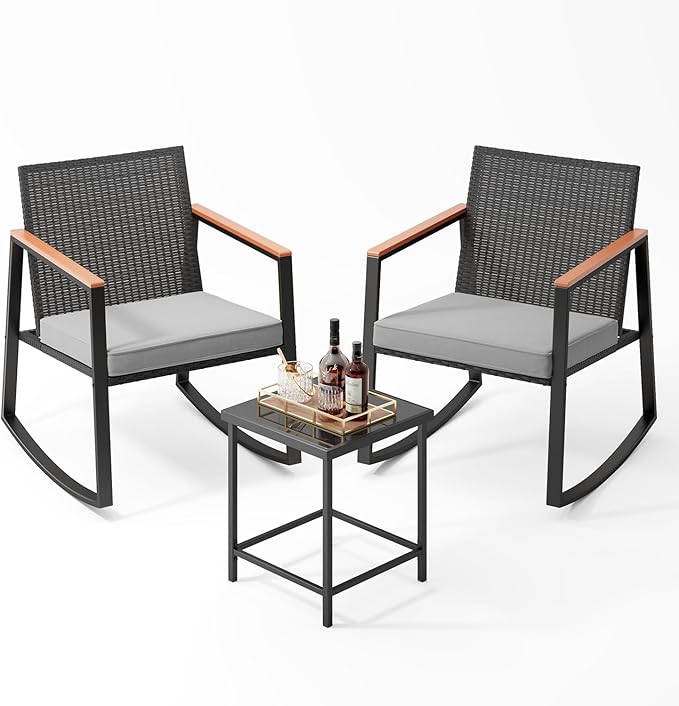 Bealife 3 Piece Patio Set with Cooling Wooden Armrests, Outdoor Rocking Chairs Set of 2 with Glass Table and Cushions, Wicker Patio Bistro Set for Garden, Yard, Balcony, Porch (Grey)