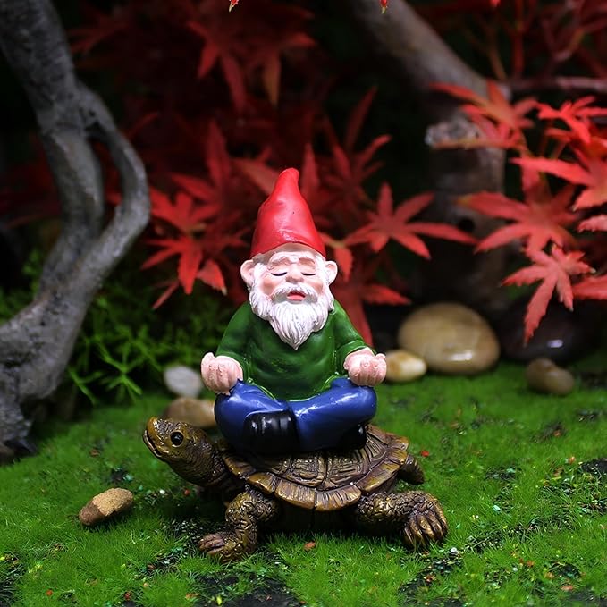 Garden Gnome Meditating on Turtle Statue, Miniature Fairy Garden Decoration, Tiny Gnome Figurine Plant Pot Decor 3 x 2.6 x 2.2 inches