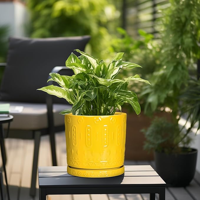 Ceramic Pots for Plants, 10 Inch Plant Pot with Drainage Holes and Tray, Round Planter for Indoor Outdoor Plants, Modern Decorative Flower Pots, Office Decor, Birthday Gift for Women, Yellow