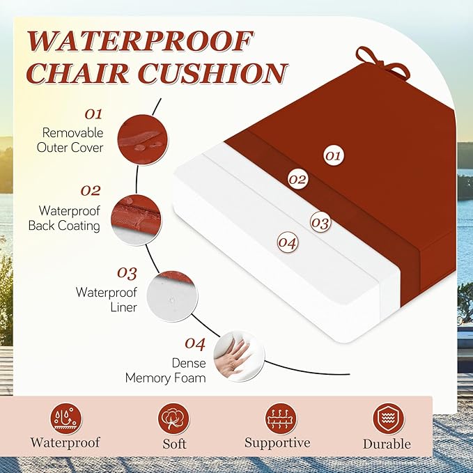 Waterproof Outdoor Chair Cushions Set of 2, Square Outdoor Seat Cushions with Ties and Removable Covers, 24 x 24 Outdoor Cushions for Patio Furniture with Portable Handle(Rust)