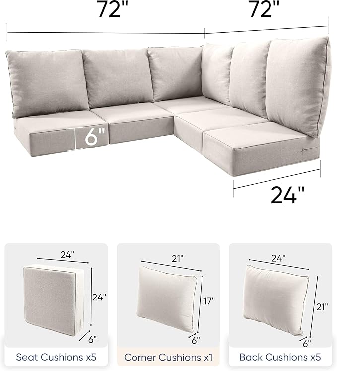 Luxury 24x24x6 Outdoor Cushions for 5-Seat Sectional Sofa Set of 5 - Water-Repellent 11-Piece Patio Cushion Set for Outside Rattan Wicker Loveseat Chair L-Shape Couch - Beige/Classic