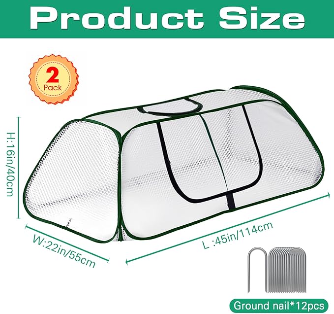 Garden Rows Accelerator Plants Cover-Garden Greenhouse with Roll-up Zipper Door,Thicker PE Cover for Indoor Outdoor Vegetable Fruits Rows - 45" L x 22" W x 16" H (White, 2 Pack)