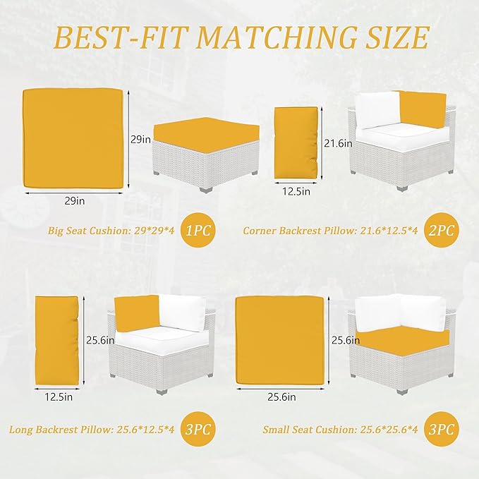 Outdoor Cushions for Patio Furniture with 5 Pillows, Waterproof Patio Furniture Cushions Replacement, 4" Deep Seat Outdoor Sectional Cushions for 4-seat Patio Furniture Chair Sofa Couch,Yellow