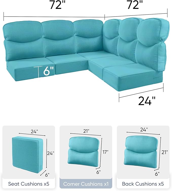 Luxury 24x24x6 Outdoor Cushions for 5-Seat Sectional Sofa Set of 5 - Water-Repellent 11-Piece Patio Cushion for Outside Rattan Wicker Loveseat Chair L-Shape Couch - Turquoise/Smile