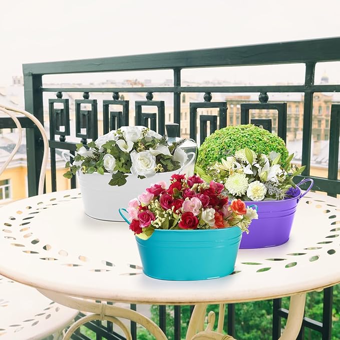 Foraineam Metal Flower Planter Pots Oval Plant Pot Holders with Handles, Floral Arrangement Bucket Tubs, Garden Succulent Cactus Container for Indoor Outdoor Wedding Party Events Decor, 6 Colors