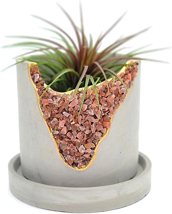4” Crystal Plant Pot with Saucer - Cement Geode Planter - Concrete Pots for Plants - Modern Succulent Pot Indoor - Unique Air Plant Holder - Candle Holder - Small Plant Home Decor (Orange Carnelian)