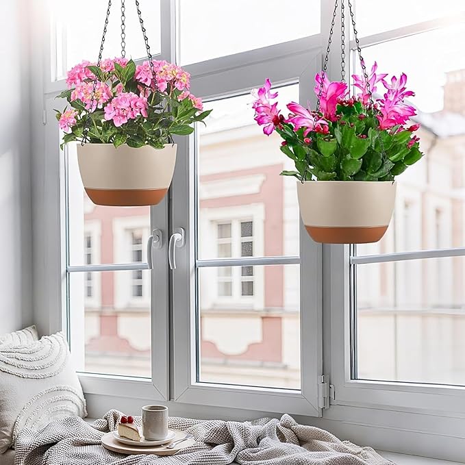 Hanging Planters for Indoor Plants, Set of 2 8/10 Inch Self-Watering Hanging Pots with Drainage Hole & Removable Water-Storage Tray II Screw-in Hooks II