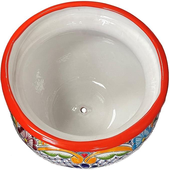 Indoors/Outdoors Large-Sized Cherato Mexican Colors Talavera Ceramic Garden Pot, Multicolor, Size: 17inch Overall Diameter x 13.5inch Height.