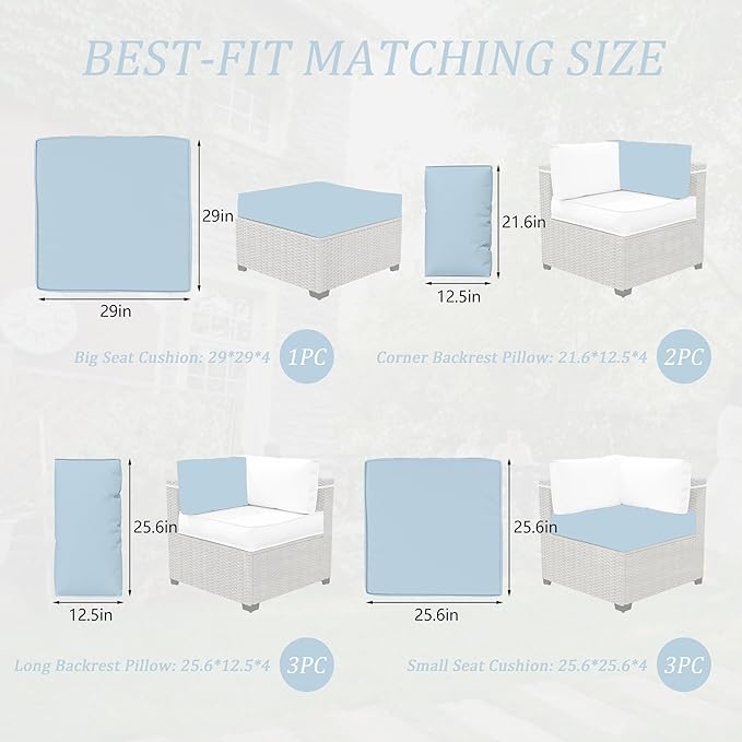 Outdoor Cushions for Patio Furniture with 5 Pillows, Waterproof Patio Furniture Cushions Replacement, 4" Deep Seat Outdoor Sectional Cushions for 4-seat Patio Furniture Chair Sofa Couch,Sky Blue