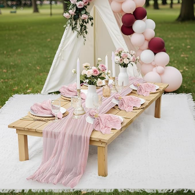 118 x 71" Extra Large Outdoor White Picnic Blankets with Pink Tulle Table Runner Cheesecloth Napkins Plush Throw Pillow Covers Oversize Beach Blanket Essentials for Wedding Picnic Camp(Stylish,14)