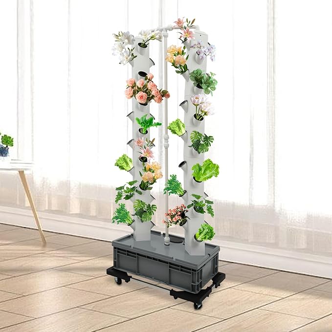 Hydroponic Growing System, 56-Plant Hydroponic Tower Outdoor Indoor Garden Vertical Planter Germination Kit with Water Pump, Intelligent Water Circulation & Timer Function for Gardening Lover (Black)