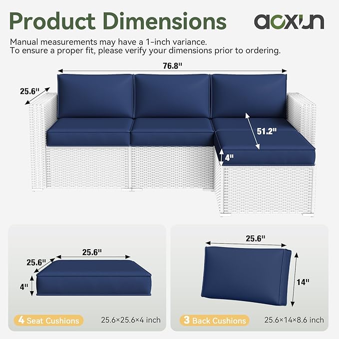 Aoxun Patio Furniture Cushions for Outdoor Furniture Set of 4, Thick Replacement Patio Couch Cushion for Outdoor Furniture, 7-Piece Splashproof Fade Resistant Outdoor Couch Cushions, Navy Blue