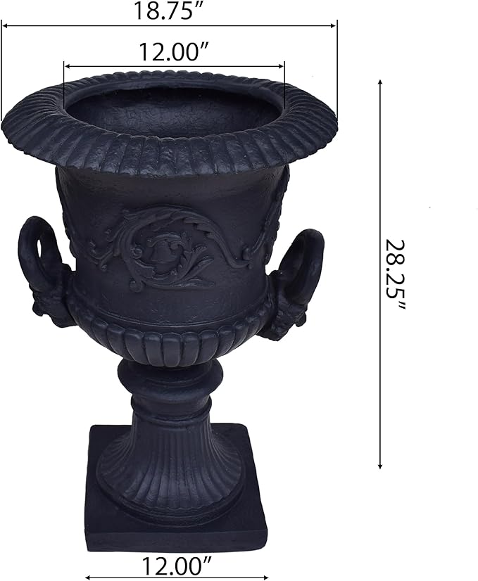 Merax 28-inch MGO Roman Garden Urn Planter, Lightweight Concrete Indoor Outdoor Flower Pot with Drainage Hole & Stopper, Stone-Look Planter for Plants, Flowers, Succulents, and Herbs, Black