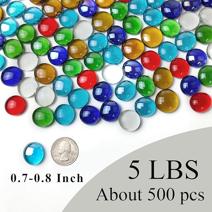 5 lbs Flat Glass Marbles for Vase, 500 Pcs Mixed Color Mancala Beads Rocks, Decorative Glass Pebbles for Vase Aquarium Plants Mosaic Crafts Centerpieces and Fire Pit Decor