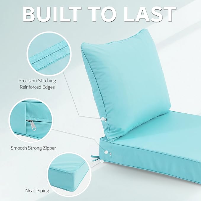 22x22 Inch Patio Chair Cushions Set of 4, Outdoor Furniture Cushions - Removable Cover, Water-Repellent, Fade-Resistant, Non-Slip Bottom & Straps, Replacement for Lawn, Porch & Deck Chair - Light Blue
