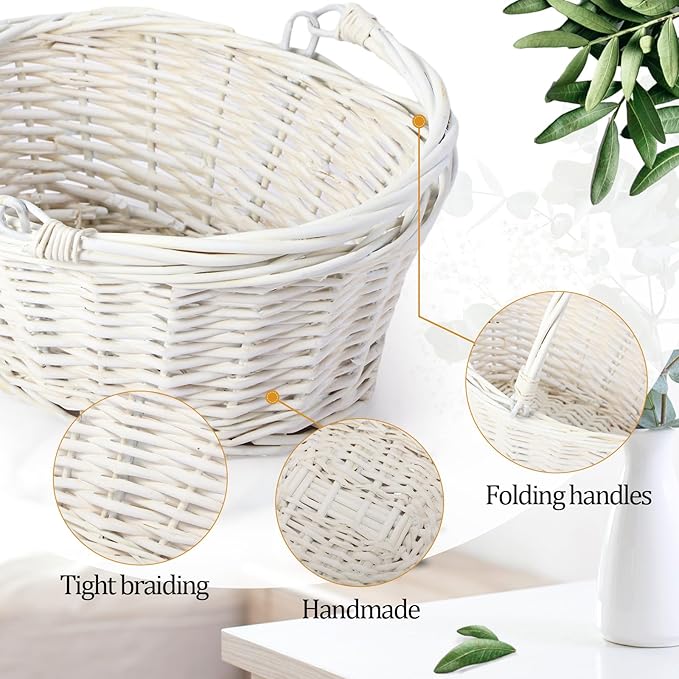 Barydat 6 Pcs Small Wicker Picnic Basket with Handle Flower Girl Baskets Oval Willow Woven Braided Gift Basket for Easter Weddings Baby Shower Home Garden Decor (White,9" x 7" x 4")